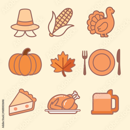 This set of nine simple, flat icons features Thanksgiving symbols in a warm, inviting orange and beige color palette.