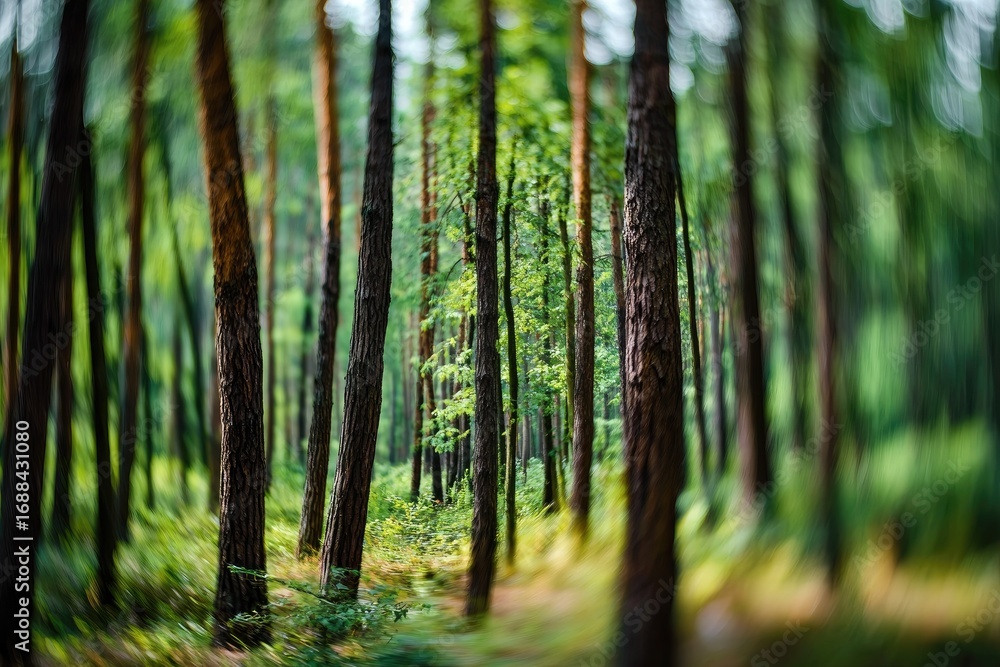 Obraz premium A blurred, green-toned woodland scene focusing on slender, vertical tree trunks with sunlight dappling the forest floor through foliage