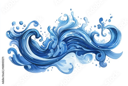 Blue Curves and the Waves of the Ocean Water Splash Drawing,Isolated on White Background