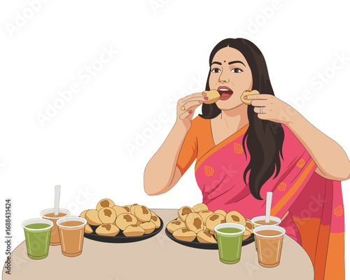 An Indian Woman Enjoying Traditional Street Food Pani Puri in a Saree  – Authentic Indian Chaat, and Cultural Celebration