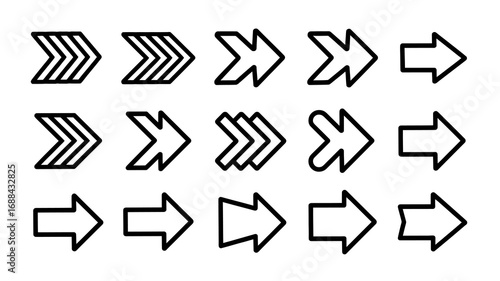 Dynamic collection of diverse arrow icons guiding forward motion, progress, and direction for modern design and navigation needs
