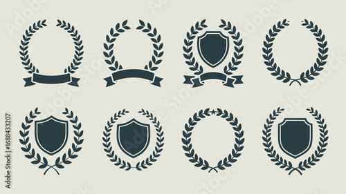 Elegant laurel wreaths and shields collection symbolizing achievement, victory, and honor for award designs, branding, and recognition projects