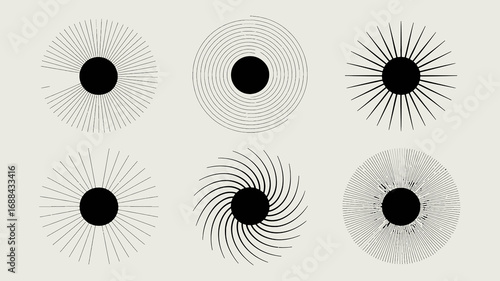 Modern abstract geometric sunburst and spiral designs offer minimalist elegance for contemporary graphic projects and decor