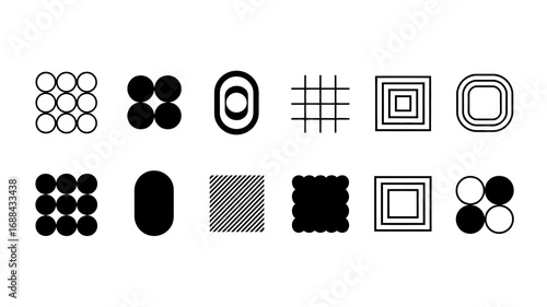 Modern abstract geometric icons and symbols collection for design projects, branding, and digital interfaces, offering clean and versatile visual elements.