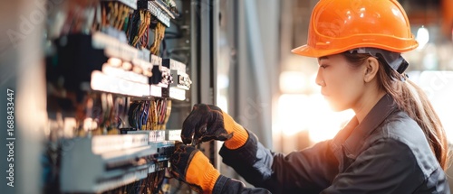 The electrician working on an industrial electrical control panel wearing safety gear and gloves