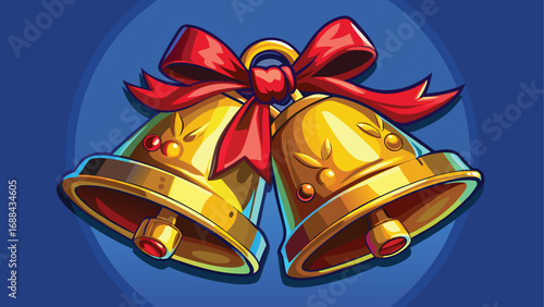 Golden jingle bells with a red ribbon bow, a festive Christmas decoration