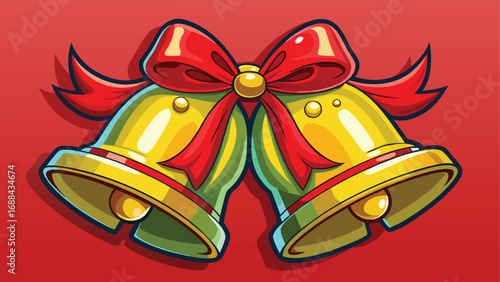 Gold holiday bells with a red ribbon and bow, a festive Christmas decoration