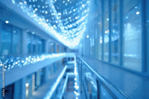 Blurry, blue-toned interior hallway with a railing and sparkling lights hanging from the ceiling creating a depth of field effect, suggesting festivity and ambiance