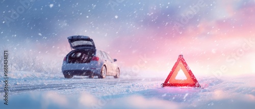 The car stranded on a snowy road with open trunk and warning triangle