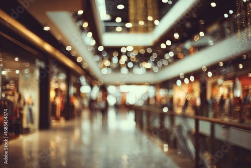 Blurred interior view of a shopping mall with multiple stories and shimmering lights, rendered in a soft, warm color palette