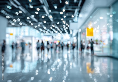 A blurred interior view shows shoppers walking down a brightly lit, glossy-floored hallway lined with storefronts, evoking a sense of bustling commercial activity