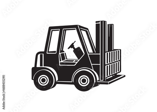 Black silhouette of a modern forklift truck vector illustration, industrial vehicle icon design for warehouse and logistics.