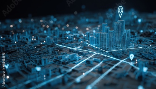 Cityscape with glowing digital map overlay
