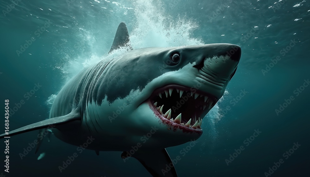 Naklejka premium Majestic great white swims through dark blue ocean waters, mouth open displaying rows of sharp teeth. Powerful predator creates sense of awe, danger, perfect for illustrating marine life ocean abyss.