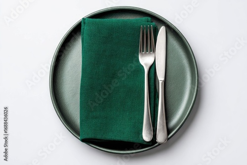 A dark-green matte plate holds a matching napkin, a fork, and a knife on a white background; overhead view