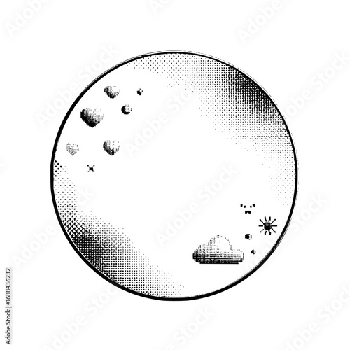 Vintage halftone moon with hearts cloud and sun vector illustration for graphic design and prints use