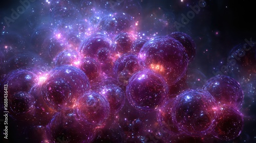 Fototapeta Naklejka Na Ścianę i Meble -  Iridescent grape-like celestial bodies float in cosmic dust, emitting strange light.