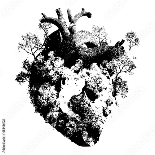 Heart anatomy with trees and forest illustration in black and white drawing detailed artwork design