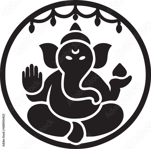 Silhouette vector of Lord Ganesha idol inside circular toran, festive Hindu decoration icon.