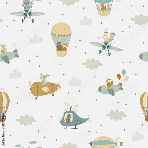 A pattern with cute animals on a balloon, plane, or helicopter. Digital paper, for surface design, kids clothing, print