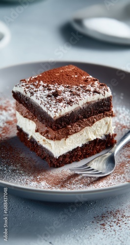 A decadent layered chocolate dessert, featuring rich chocolate cake and creamy white filling, dusted with cocoa powder and powdered sugar, served on a gray plate with a fork