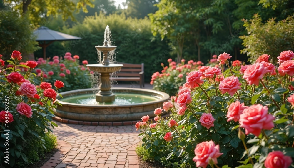 Obraz premium Sunlit rose garden features blooming pink roses, stone fountain, rustic bench, creating serene outdoor oasis. Green foliage, manicured bushes surround pathway, perfect for relaxation, nature