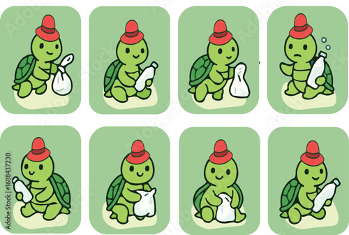 Cute Turtle Cartoon Set with Red Hat and Plastic Recycling Concept – Ocean Awareness Illustration