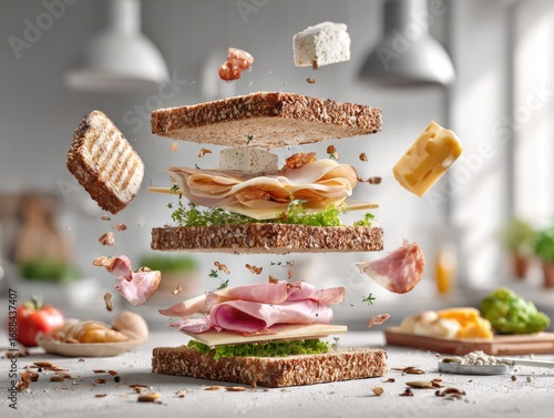 A deconstructed multi-layered sandwich with various meats, cheeses, and greens, showcasing its ingredients in mid-air against a blurred kitchen backdrop