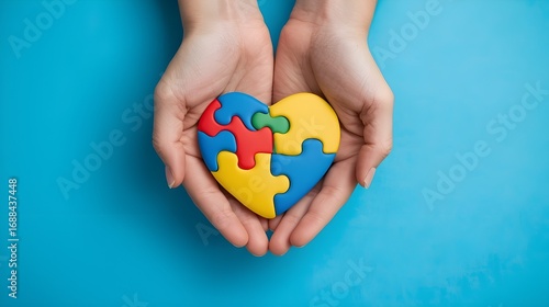 Wallpaper Mural World autism awareness day concept. Adult and child hands holding puzzle heart on light blue background Torontodigital.ca
