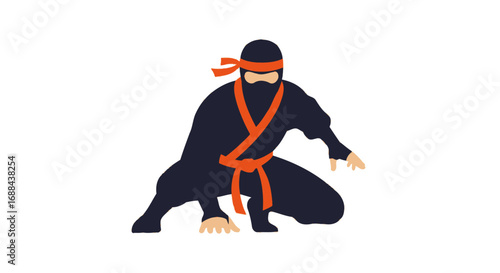 Crouching Ninja Warrior in Black and Orange Attire.