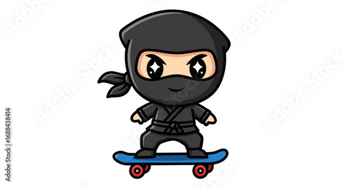 Cute chibi cartoon ninja character with sparkling eyes riding a blue skateboard.