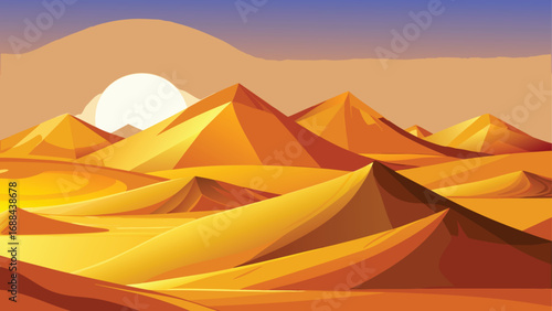 Vector illustration of ancient Egyptian pyramids at sunset, with camels silhouetted against an orange desert sky