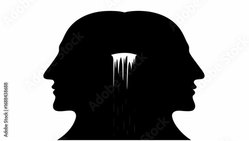 Silhouette of two heads facing opposite directions with a waterfall flowing between them in black and white