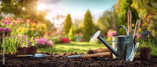 The watering can and gardening tools on rich soil in a sunny garden