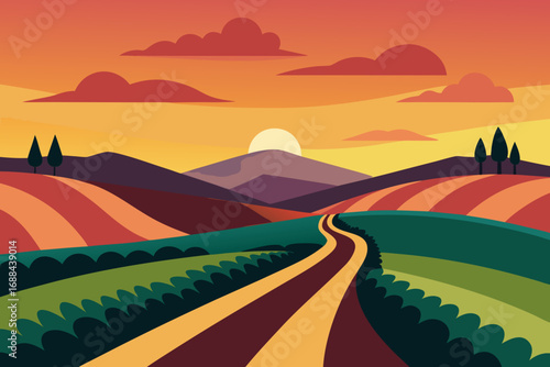 Vibrant rural sunset landscape vector illustration scenic countryside path