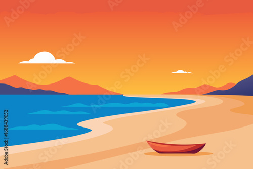 Vibrant sunset beach scene with boat vector illustration scenic coastal landscape