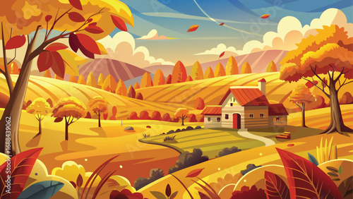 Sunrise over a vibrant green autumn field, with a winding road leading to a distant mountain and a bright sun on the horizon