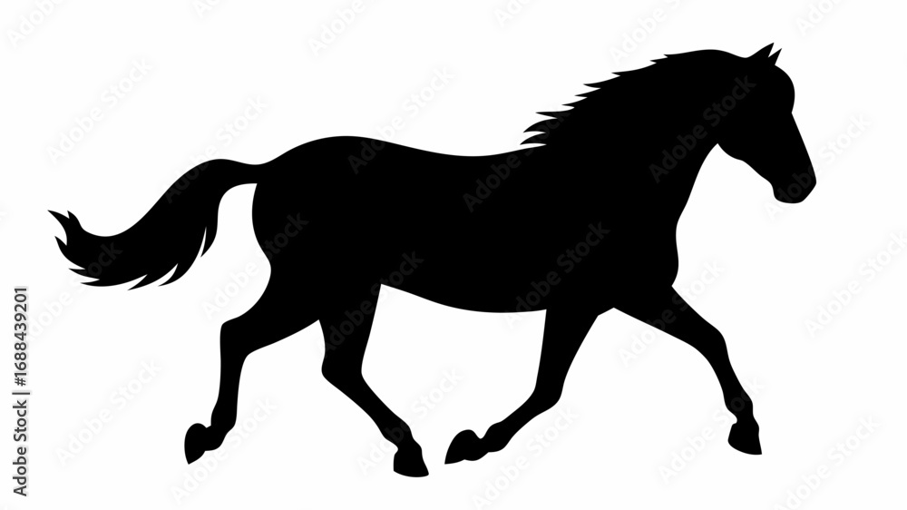 Fototapeta premium Silhouette of a horse running with its mane and tail flowing in the wind on a white background design