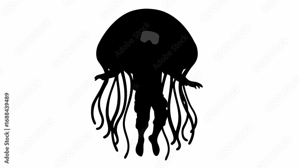 Fototapeta premium Silhouette of a figure with an elongated head and dangling strands resembling a jellyfish on white background