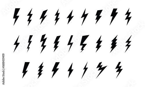 Lightning bolt icon. Flash symbol, thunderbolt, blitz lightnings strike sign. Electric energy black silhouettes, power concept. Vector isolated dynamic sports logo set. vector illustration eps file