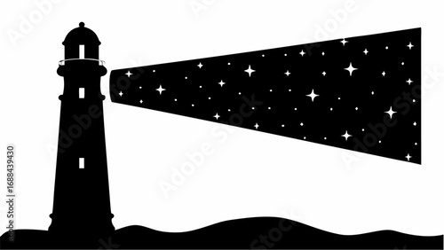 Silhouette of a lighthouse with a beam of light filled with stars shining across the night sky scene