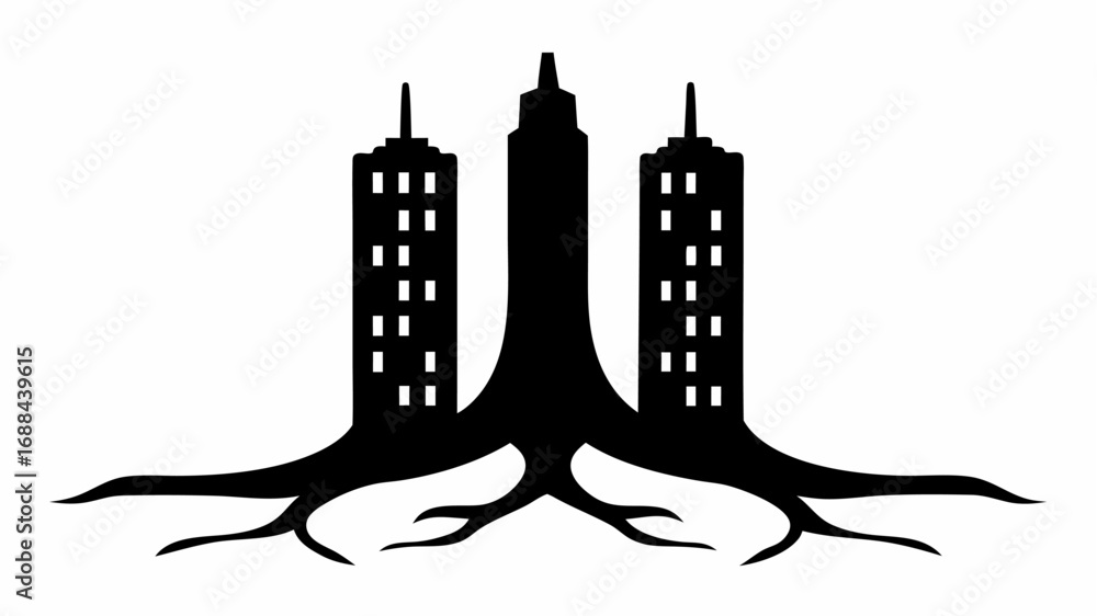 Black and white illustration of three buildings with root systems extending from the base forming tree roots
