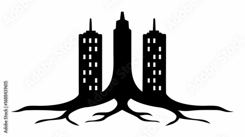 Black and white illustration of three buildings with root systems extending from the base forming tree roots
