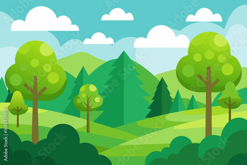 Vibrant vector illustration of a lush green landscape with rolling hills and trees