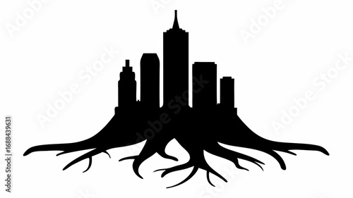 Silhouette of city skyline with tall buildings rooted in tree roots on a white background illustration