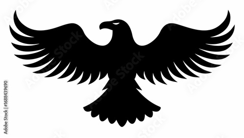 Silhouette of an eagle with spread wings in black color on a white background showing its feathers detail