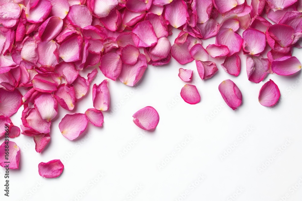 Obraz premium A dense cluster of pink rose petals cascading down a white background, leaving a blank space at the bottom right