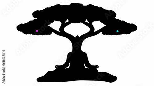 Silhouette of a meditating figure under a tree with colorful dots on the leaves against white background