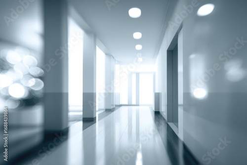 Blurry view of an empty corridor with shiny floor, light streaming from the end. Clean, clinical, modern architecture in muted blue tones