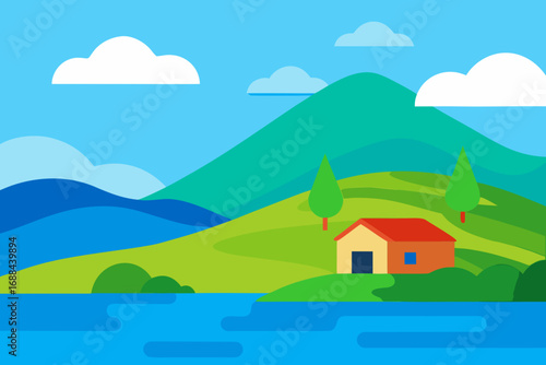 Serene vector illustration of a cozy house nestled beside a blue lake and green hills